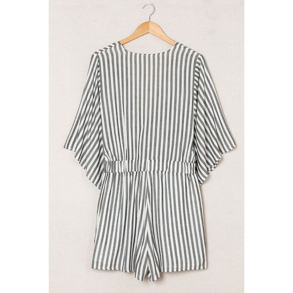 Azura Exchange  Wide Kimono Sleeves Tie Front Striped Romper with Pockets - Picture 3 of 8